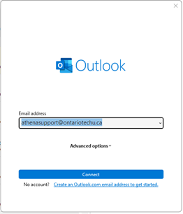 Outlook sign in page, with an email filled in. Below is the connect button.